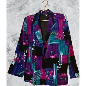 Willow Ridge Vintage Abstract Floral Patchwork Blazer Purple Teal L 80s 90s